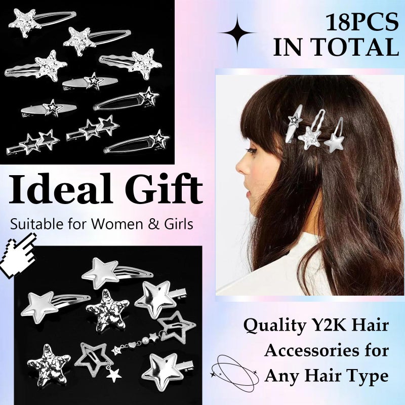 Canitor Y2k Star Hair Clips Cute Kawaii Metal Punk Snap Clips Barrettes for Women Teen Girl Silver Goth Emo 2000s Grunge Rave Kpop Fashion Hair Accessories for Concert Outfit (silver 18pcs) - Image 3